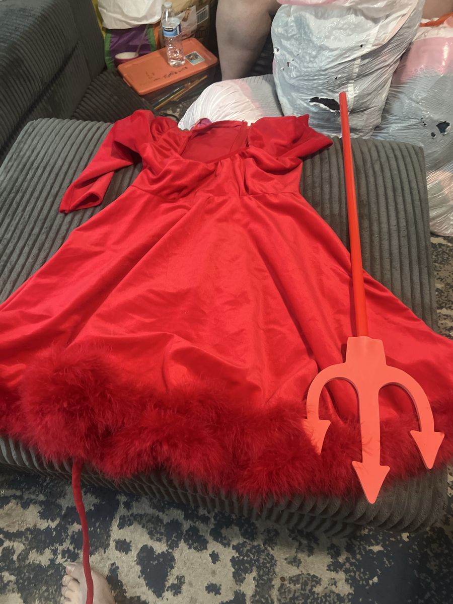 Red Devil Costume Dress with Feather Trim, Tail, and Pitchfork