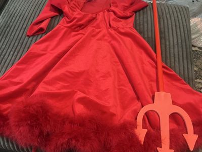 Red Devil Costume Dress with Feather Trim, Tail, and Pitchfork