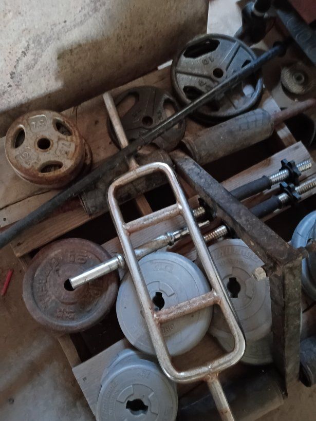 Used Mixed Weight Plates, Dumbbells, and Barbells - Various Weights