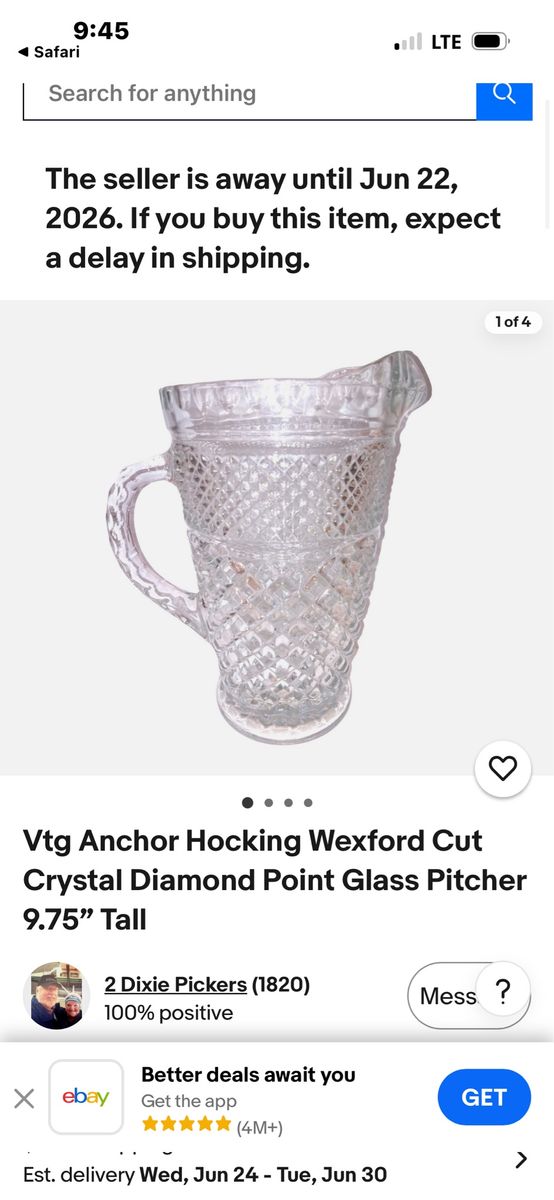 Vintage Anchor Hocking Wexford Cut Crystal Diamond Point Glass Pitcher, 9.75" Tall