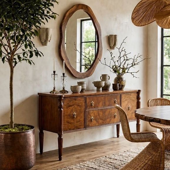 Burl Book-Matched Veneer Buffet Sideboard Credenza w/Gorgeous Fluted Legs