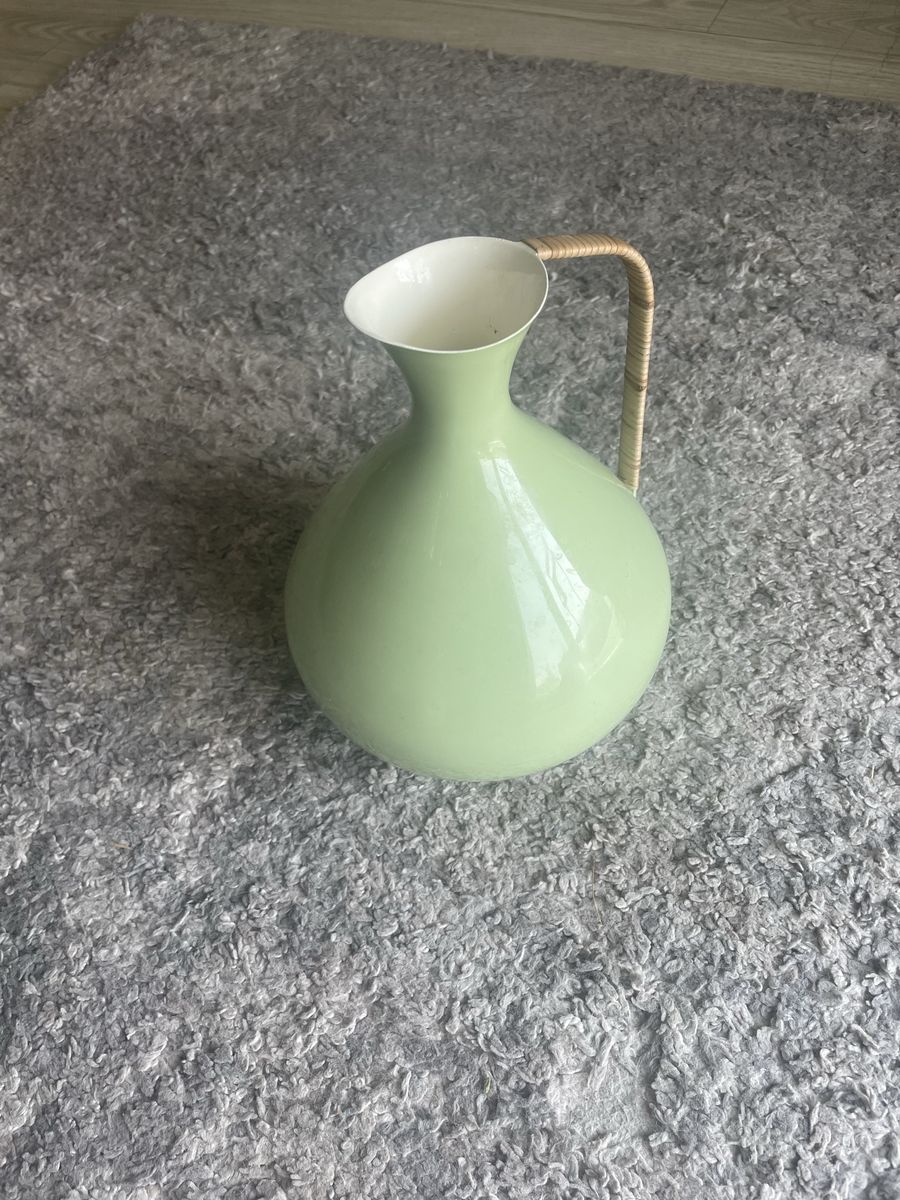 Anthropologie Light Green Metal Pitcher Vase with Rattan Wrapped Handle