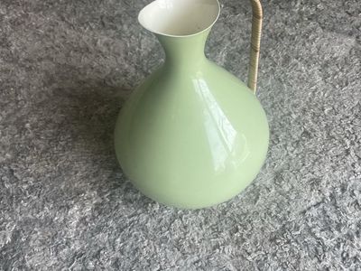 Anthropologie Light Green Metal Pitcher Vase with Rattan Wrapped Handle