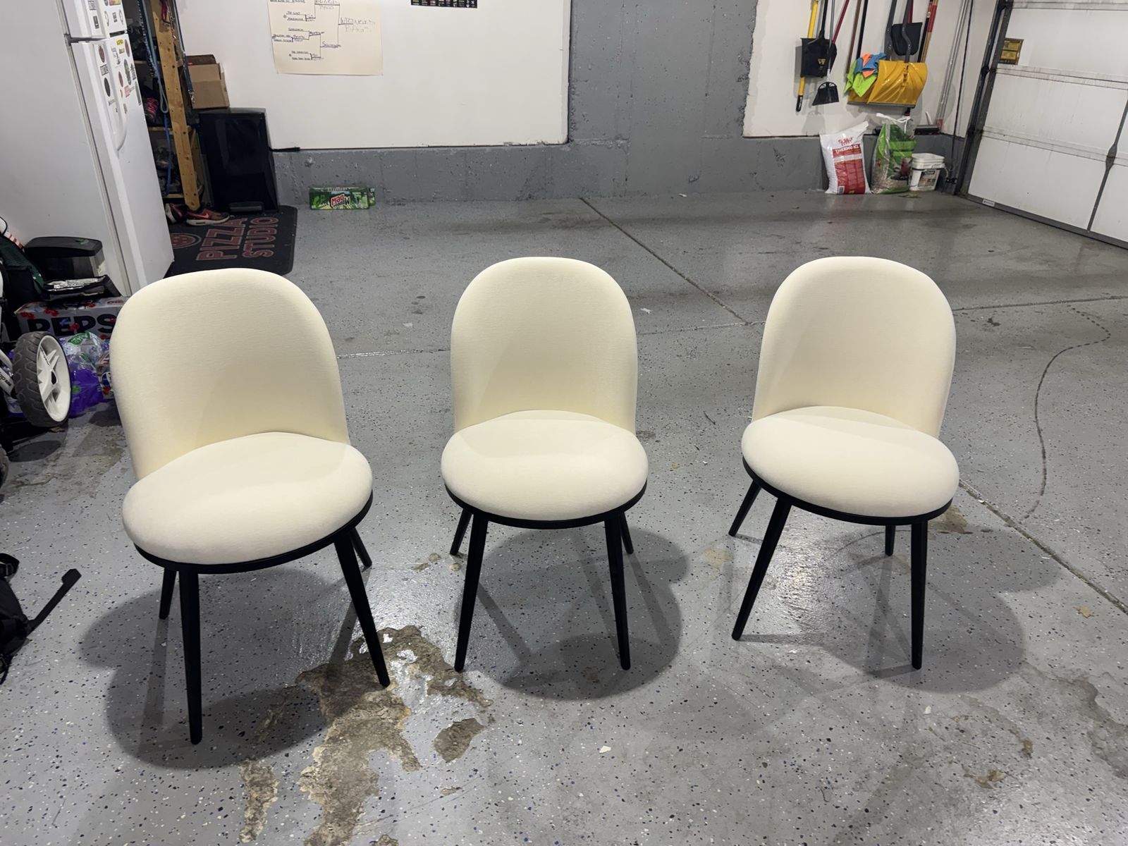 Set of 3 Cream White Upholstered Dining Chairs with Black Metal Legs