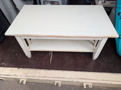 White Wood Slat Coffee Table with Lower Shelf - Farmhouse Style