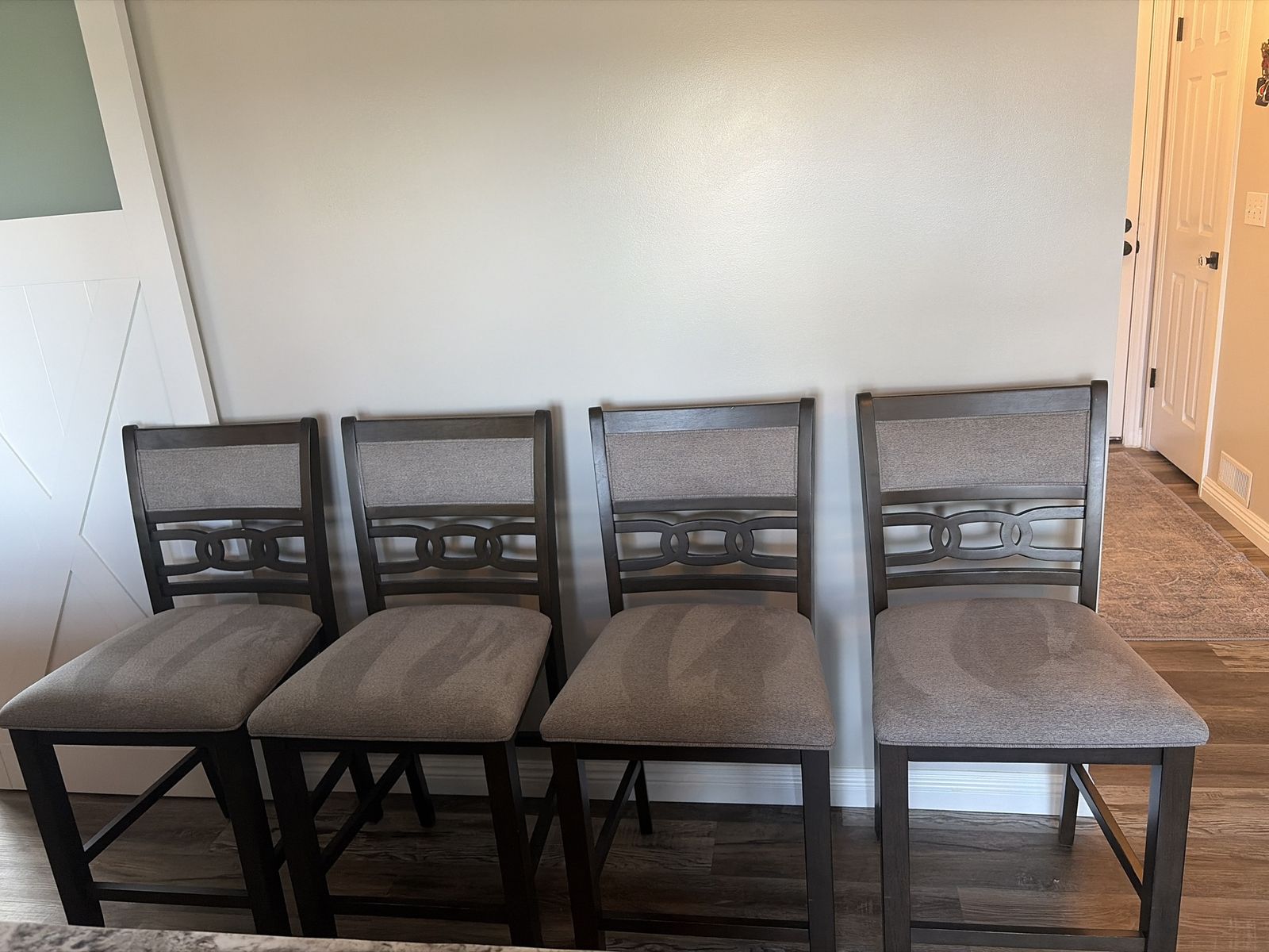 Set of 4 Wooden Bar Stools with Upholstered Seats, Dark Wood Finish