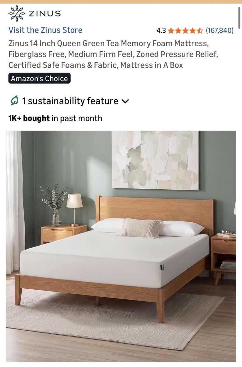 Zinus 14” Queen Green Tea Memory Foam Mattress