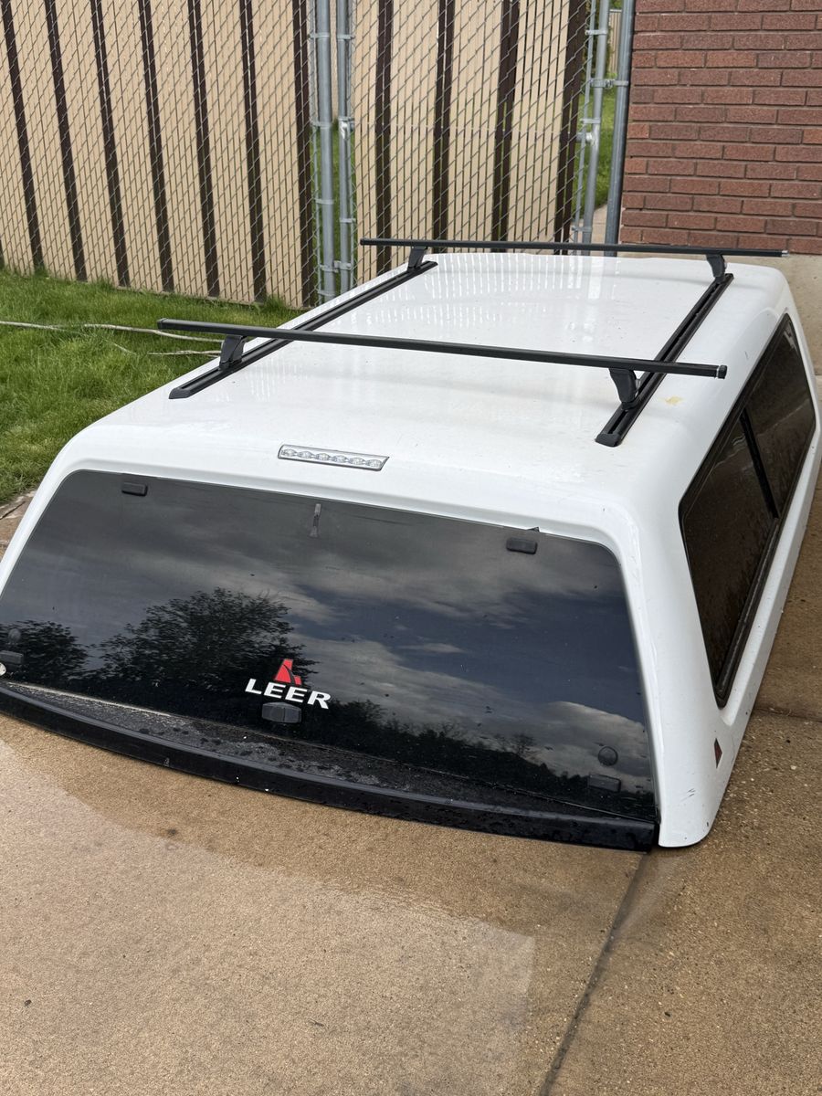 LEER White Truck Cap Topper Camper Shell with Roof Rack