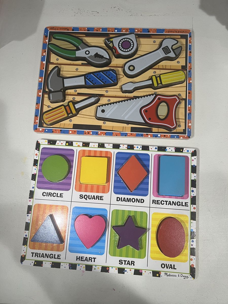 Kids Wooden Peg Puzzles - Tools and Shapes Set of 2