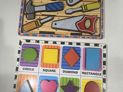 Kids Wooden Peg Puzzles - Tools and Shapes Set of 2