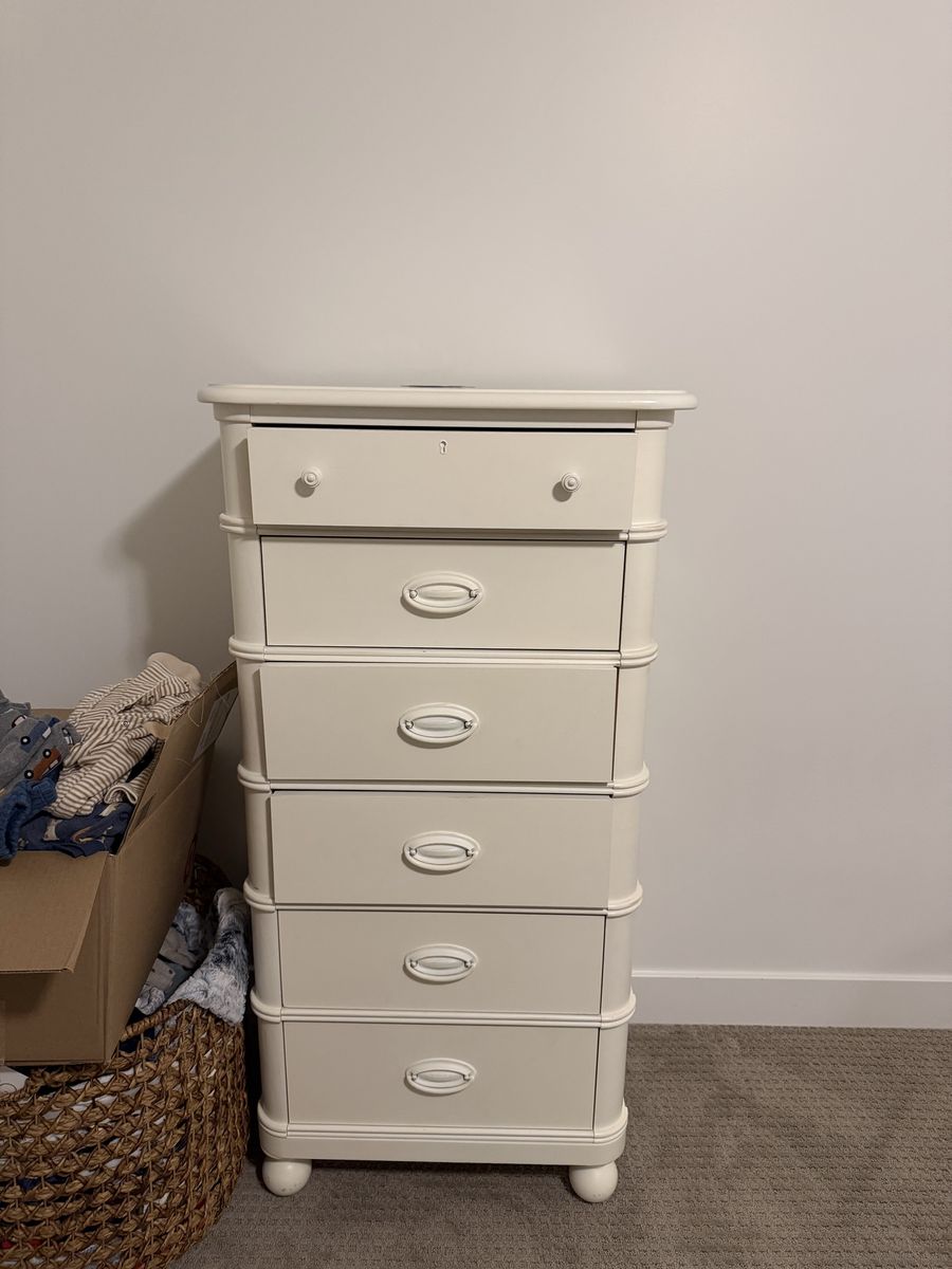 Cream 6-Drawer Dresser - Tall Chest of Drawers with Round Legs & Decorative Handles