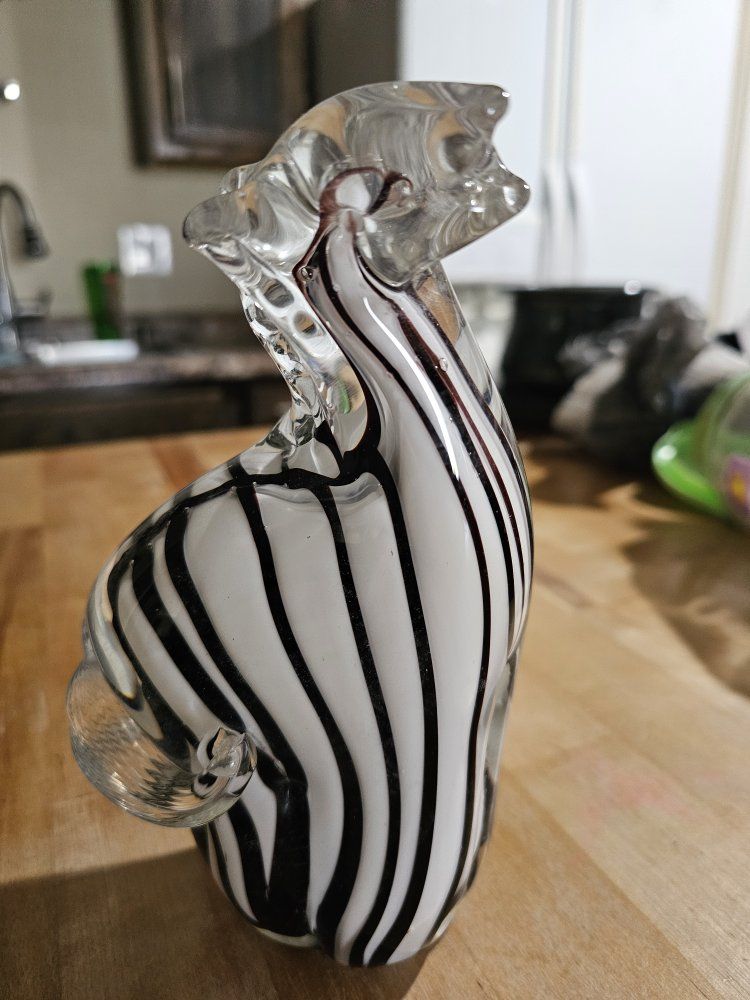 Murano Style Art Glass Zebra Sculpture - Hand Blown Black & White Striped Figurine 8"