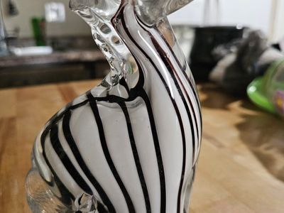 Murano Style Art Glass Zebra Sculpture - Hand Blown Black & White Striped Figurine 8"