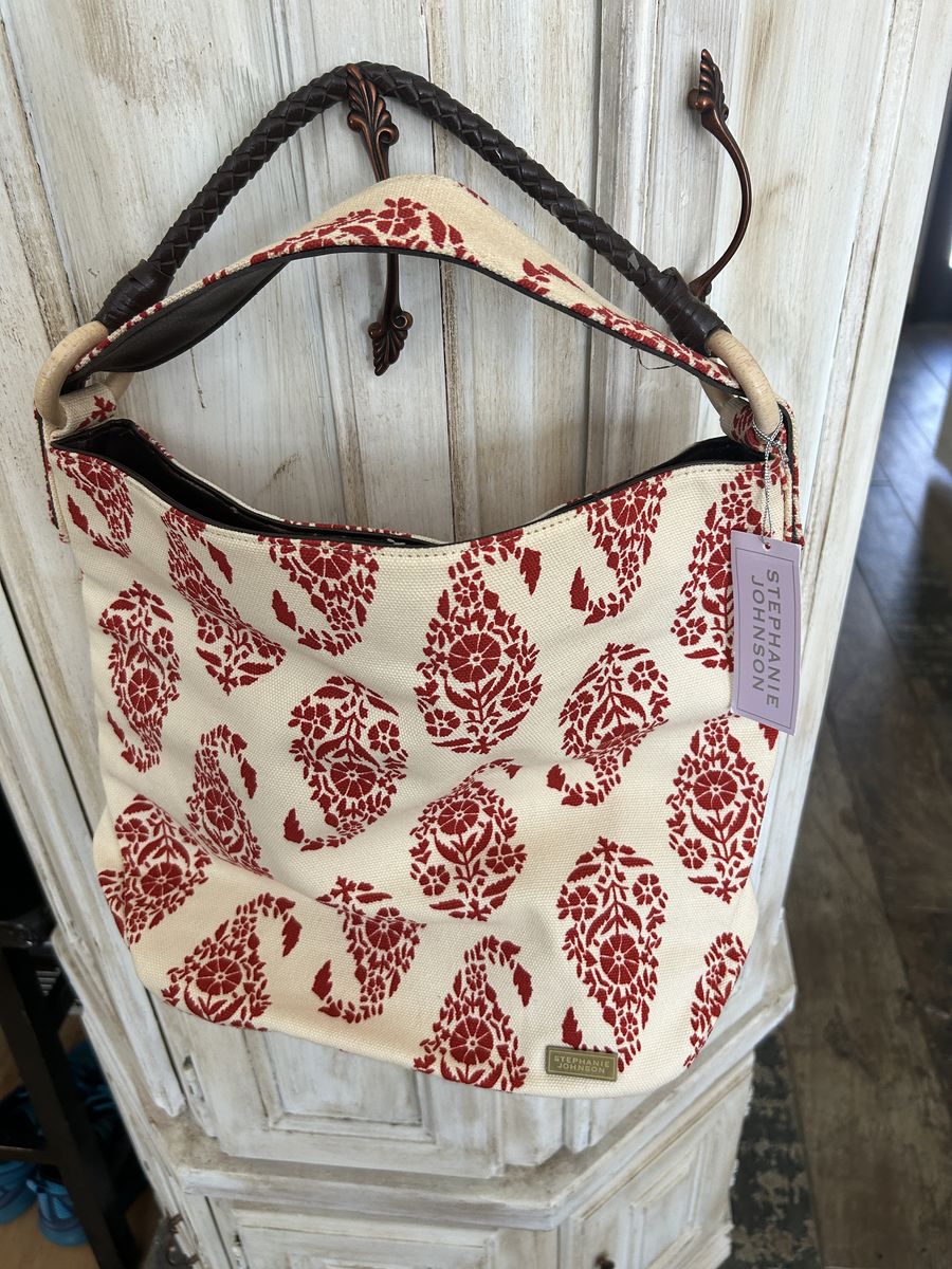 NEW Stephanie Johnson Women's Handbag Arm Tote Canvas Bag Bucket, White & Red Boho