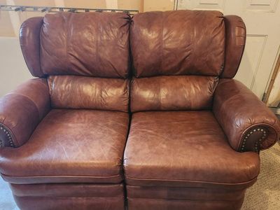 Used Brown Leather Reclining Loveseat - Good Condition, Nailhead Trim