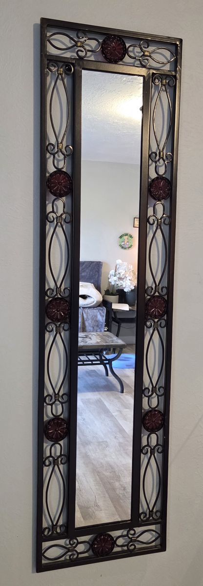 Decorative Iron Wall Mirror with Burgundy Accents - Tall, Ornate Design for Home Decor