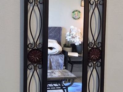 Decorative Iron Wall Mirror with Burgundy Accents - Tall, Ornate Design for Home Decor