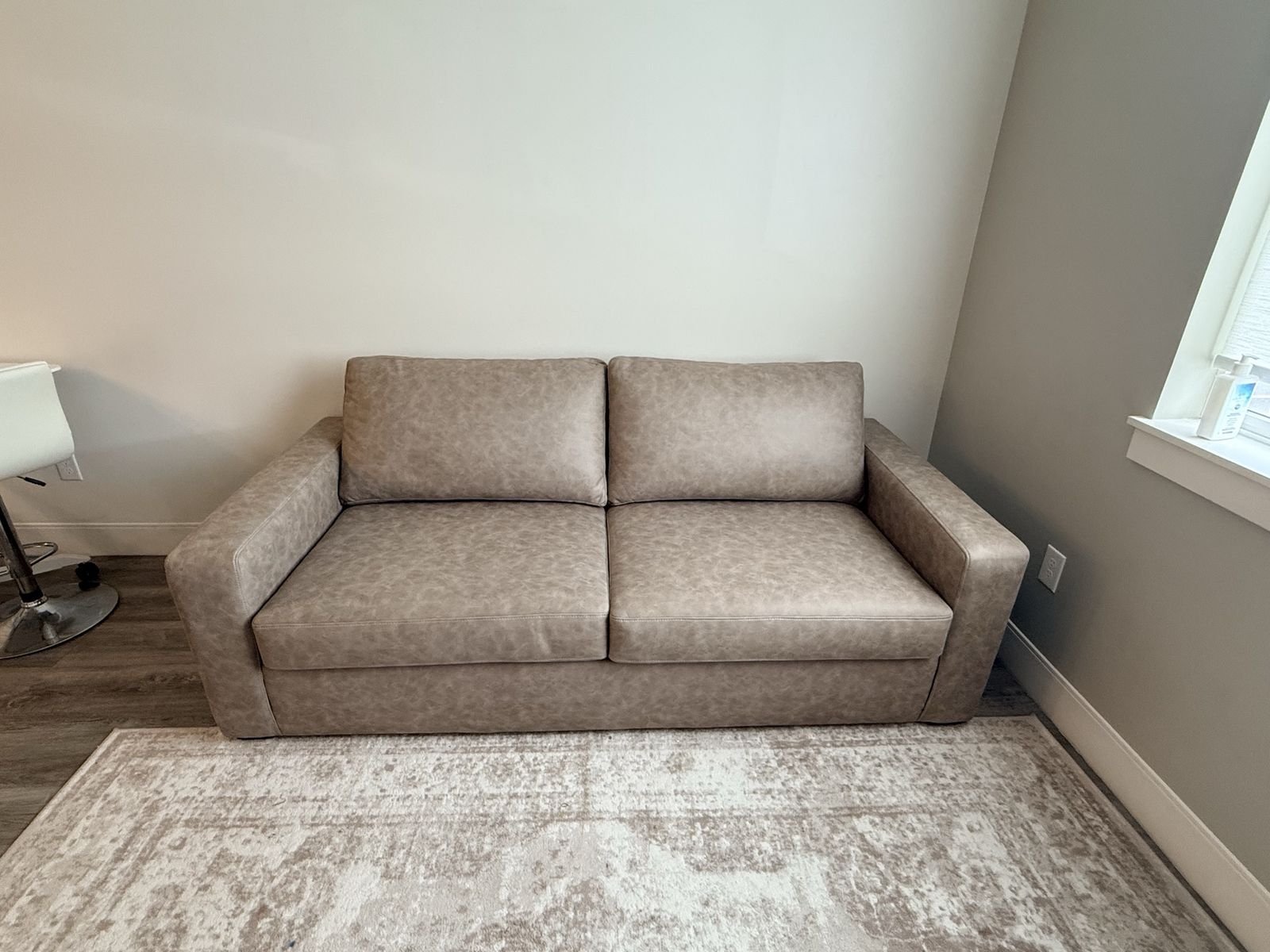 Compact Loveseat Sleeper Sofa - Tan Faux Leather, Converts to Bed, Excellent Condition