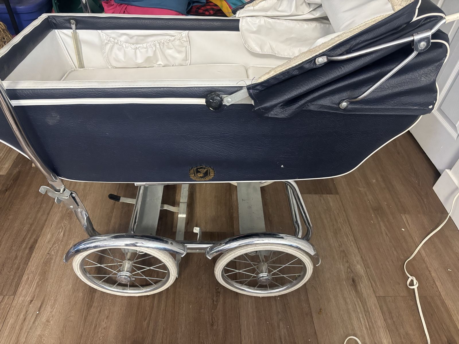 Vintage Navy Blue & White Baby Pram/Stroller with Chrome Wheels