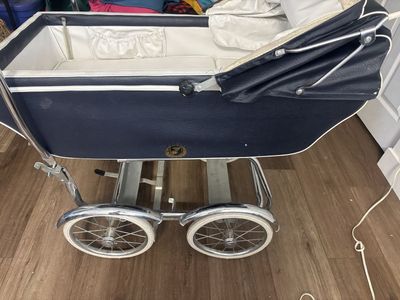 Vintage Navy Blue & White Baby Pram/Stroller with Chrome Wheels