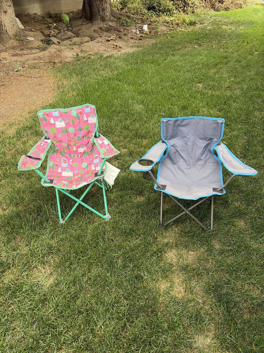 Two Portable Folding Kids Camping Chairs Pink Patterned and Blue