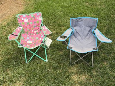 Two Portable Folding Kids Camping Chairs Pink Patterned and Blue
