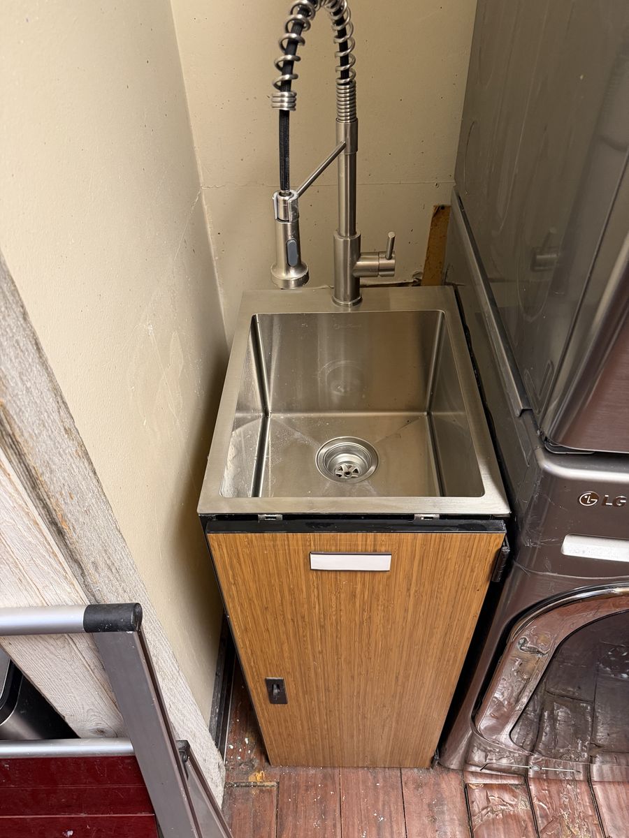 Small utility sink garage sink with sprayer &  lockable cupboards
