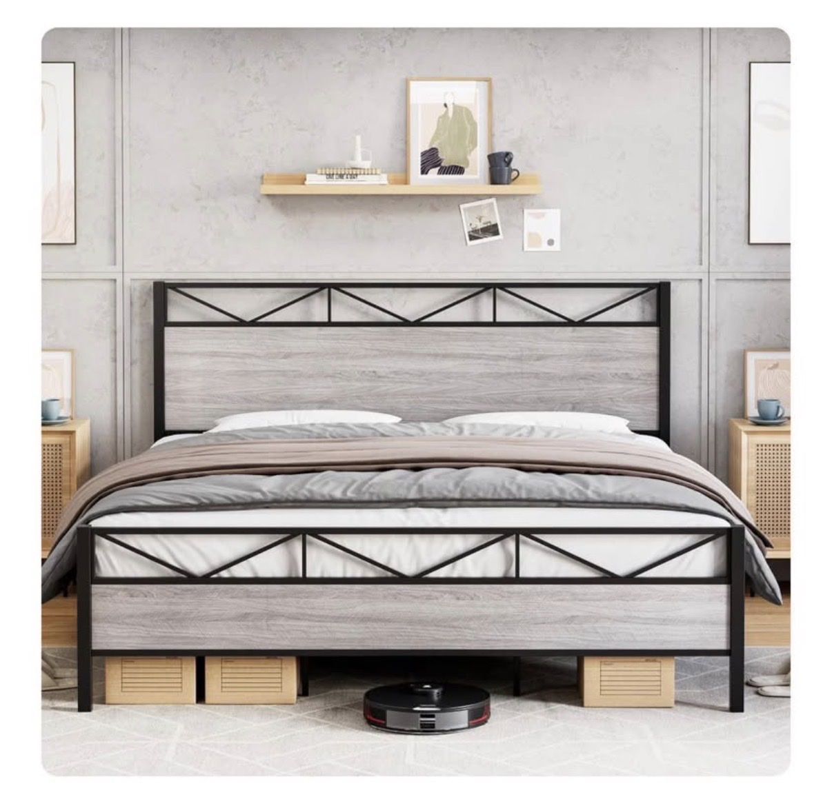 Industrial Style King Size Bed Frame - Gray Wood Grain & Black Steel, 1000lb Capacity, Noise-Free