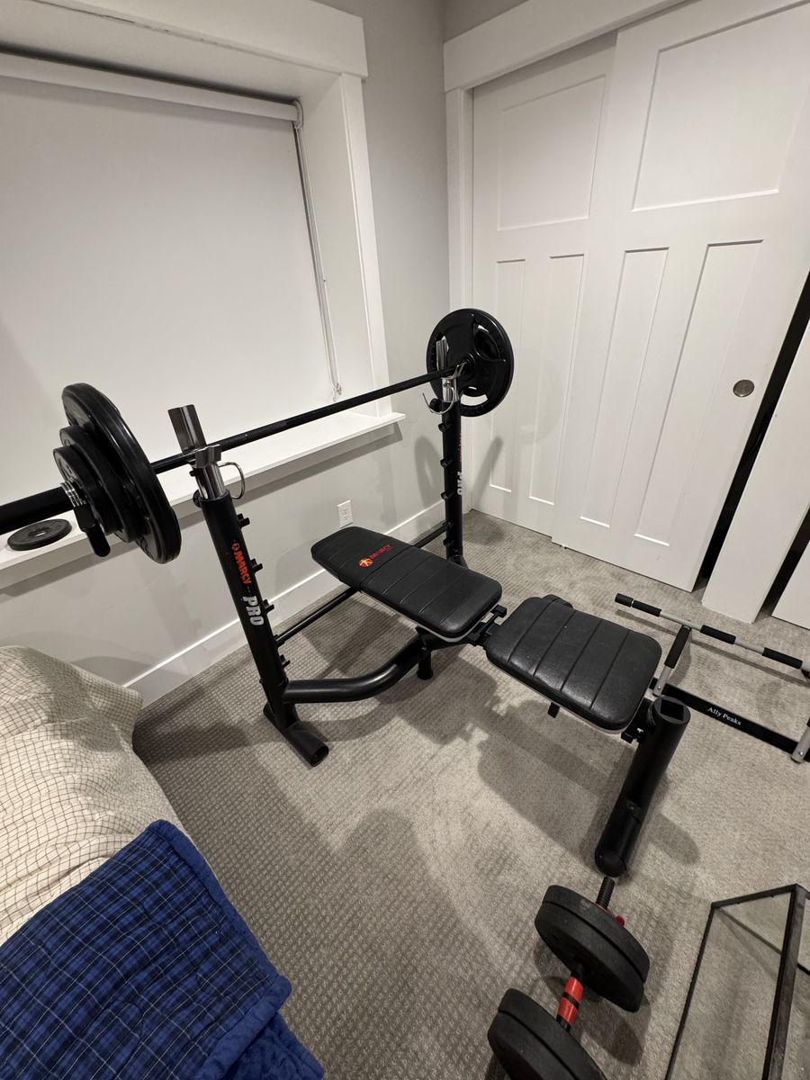 Weight set: bench, barbell, free weights, dumb bells, ez curl bar