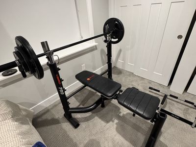 Weight set: bench, barbell, free weights, dumb bells, ez curl bar