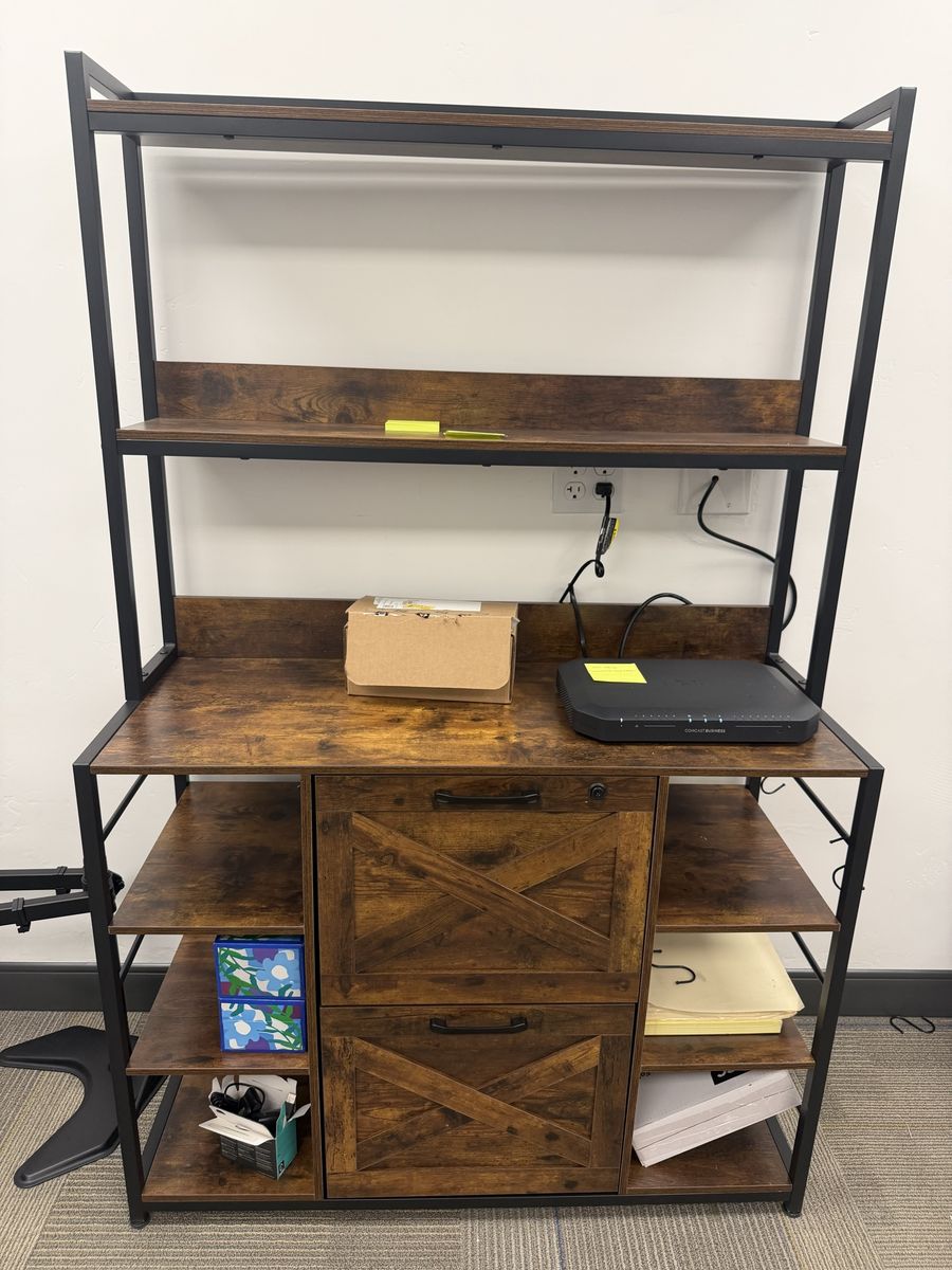 Rustic Industrial Printer Stand & File Cabinet with Hutch and Open Shelves and Charging Station