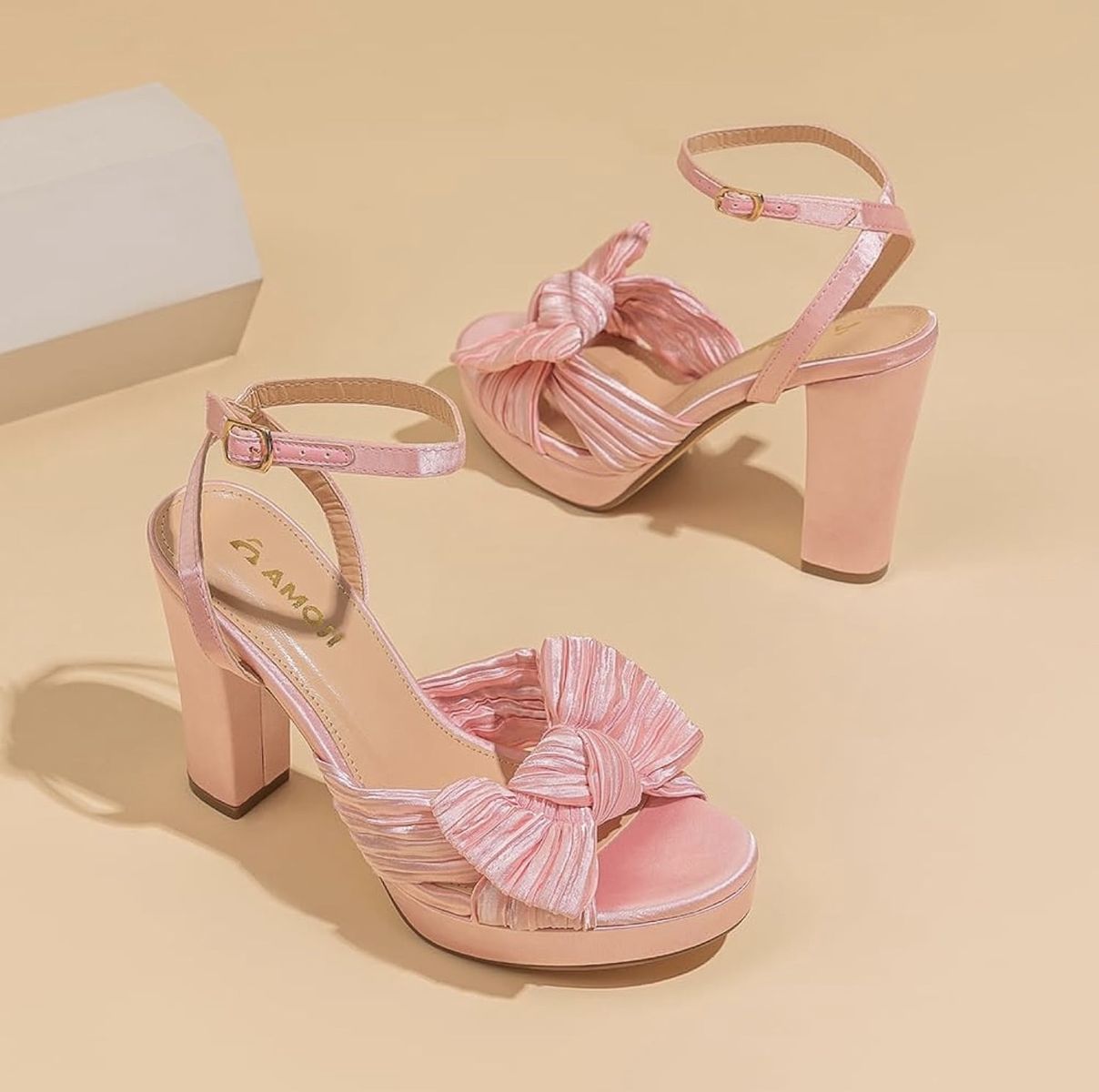 AMOZI Women's Pink Bowknot Platform Block Heel Sandals with Ankle Strap - Size 10