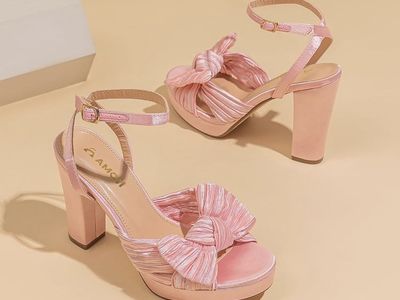 AMOZI Women's Pink Bowknot Platform Block Heel Sandals with Ankle Strap - Size 10