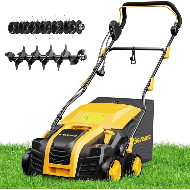 EVEAGE 16-Inch 15 Amp Electric Dethatcher & Scarifier, 5-Position Depth Adjustment, 14.5gal Collection Bag, Increases Lawn Healt