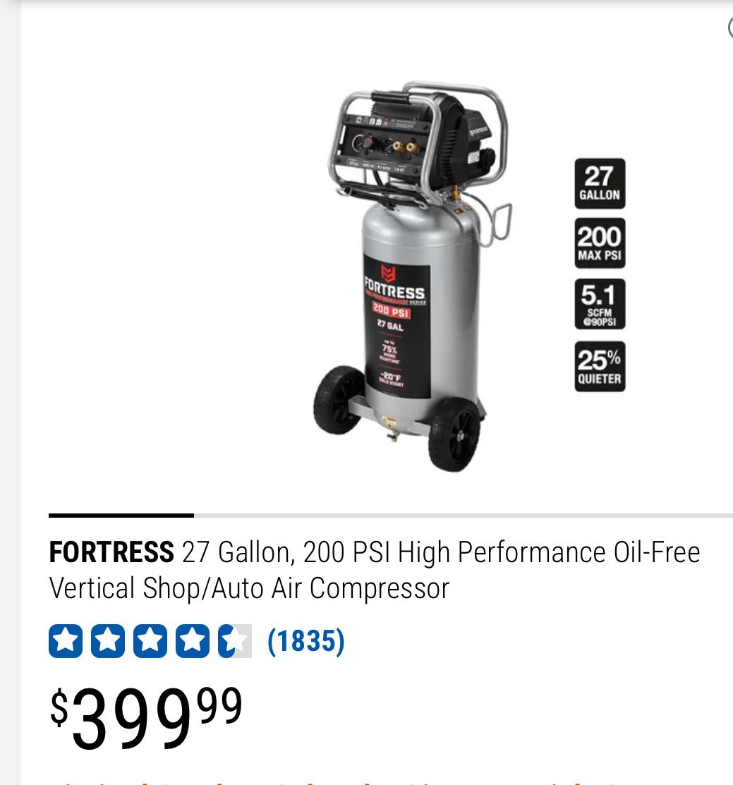 FORTRESS 27 Gallon 200 PSI Oil-Free Vertical Air Compressor