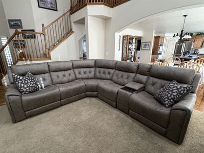 Anniston Fog Beige 6-piece Sectional with Three Power Recliners, Sound System, Phone Chargers