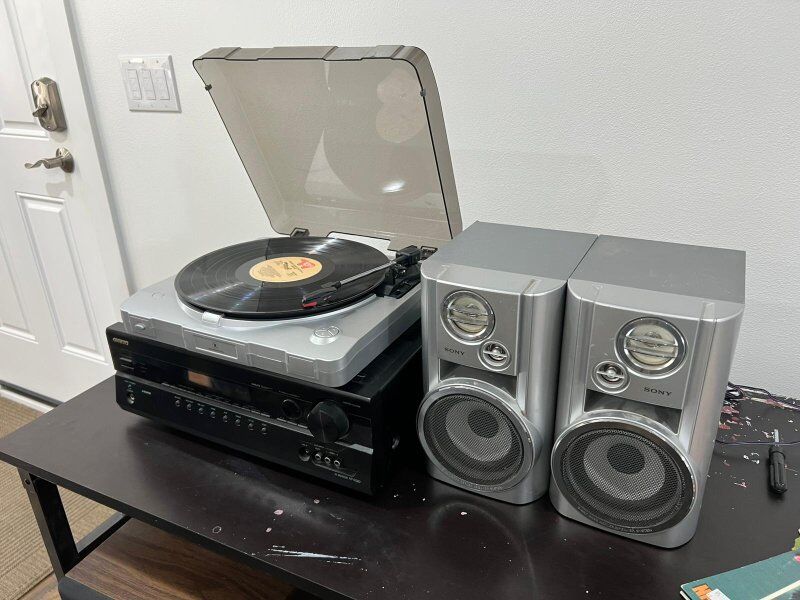 record player, speakers, receiver , Grease record