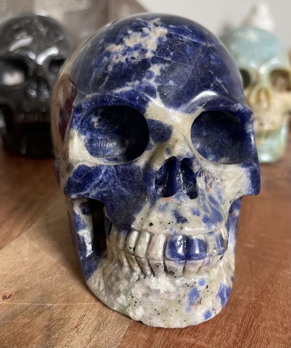 NEW Crystal 5" Skeleton SKULL Gemstone Natural Sodalite White Calcite Stone Home Decor Decoration Figurine Statue Collectible