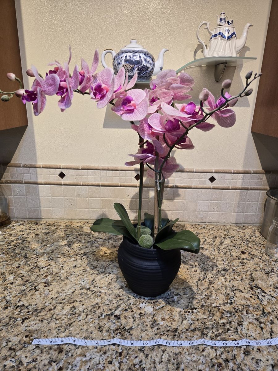 Lifelike Pink Orchid Faux Flower Arrangement in Black Ribbed Pot - Home Decor