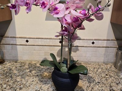 Lifelike Pink Orchid Faux Flower Arrangement in Black Ribbed Pot - Home Decor