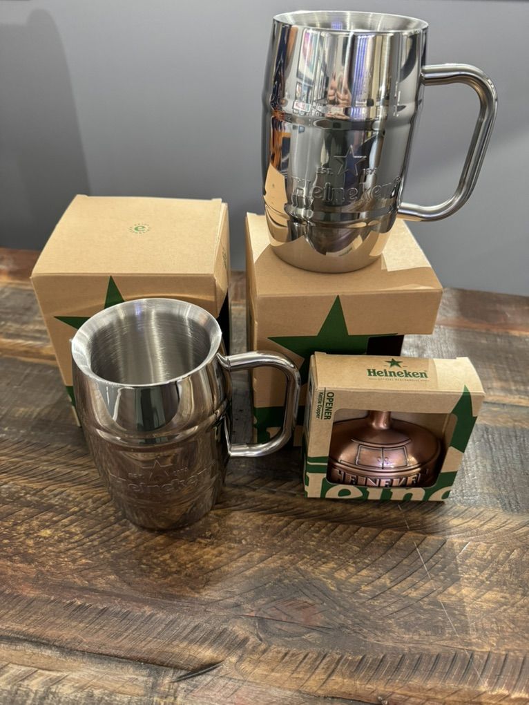 Heineken beer mugs & copper-colored bottle opener
