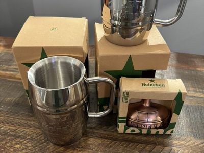 Heineken beer mugs & copper-colored bottle opener