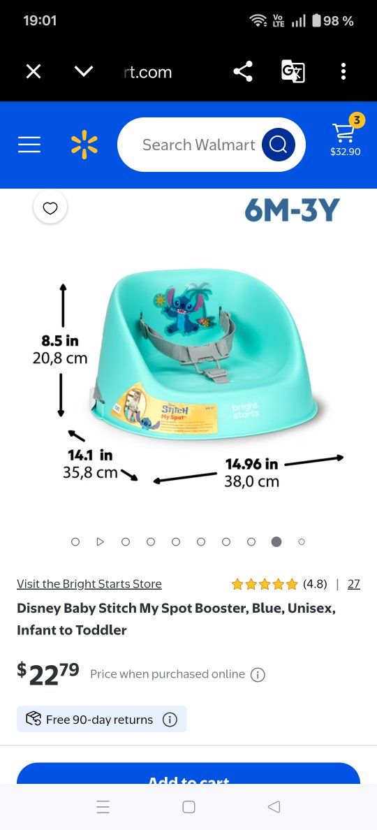 Bright Starts Disney Stitch My Spot Booster Seat - Infant to Toddler (6M-3Y), Blue/Unisex