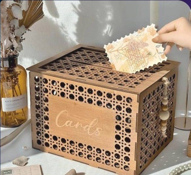 Wooden Wedding Card Box Laser Cut Cane Pattern with Bead Tassel Decor