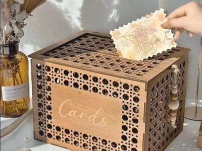 Wooden Wedding Card Box Laser Cut Cane Pattern with Bead Tassel Decor
