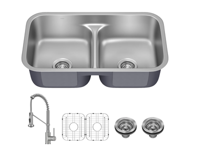 New 32" Undermount 50/50 Double Bowl 18-Gauge Stainless Steel Kitchen Sink,Commercial Style Faucet