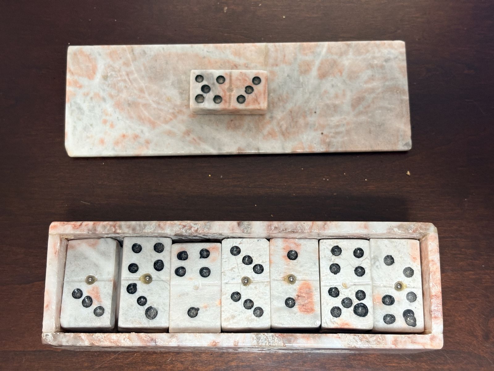 Vintage pink marble Dominoes Set with Matching Storage Box