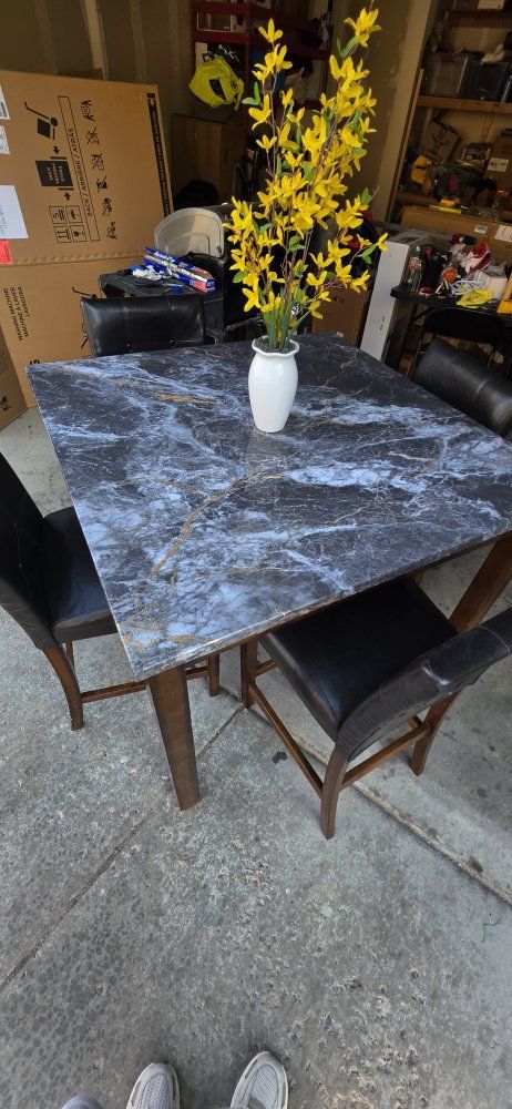 Black & Gold Faux Marble Dining Table with 4 Black Leather Chairs - Square Kitchen Set