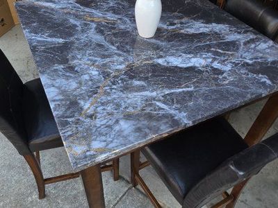Black & Gold Faux Marble Dining Table with 4 Black Leather Chairs - Square Kitchen Set