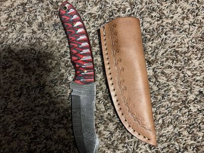Damascus Steel Hunting Knife w/ Red Handle & Leather Sheath - Used Condition